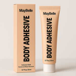 MayBelle Body Adhesive tube and packaging on a light gray background