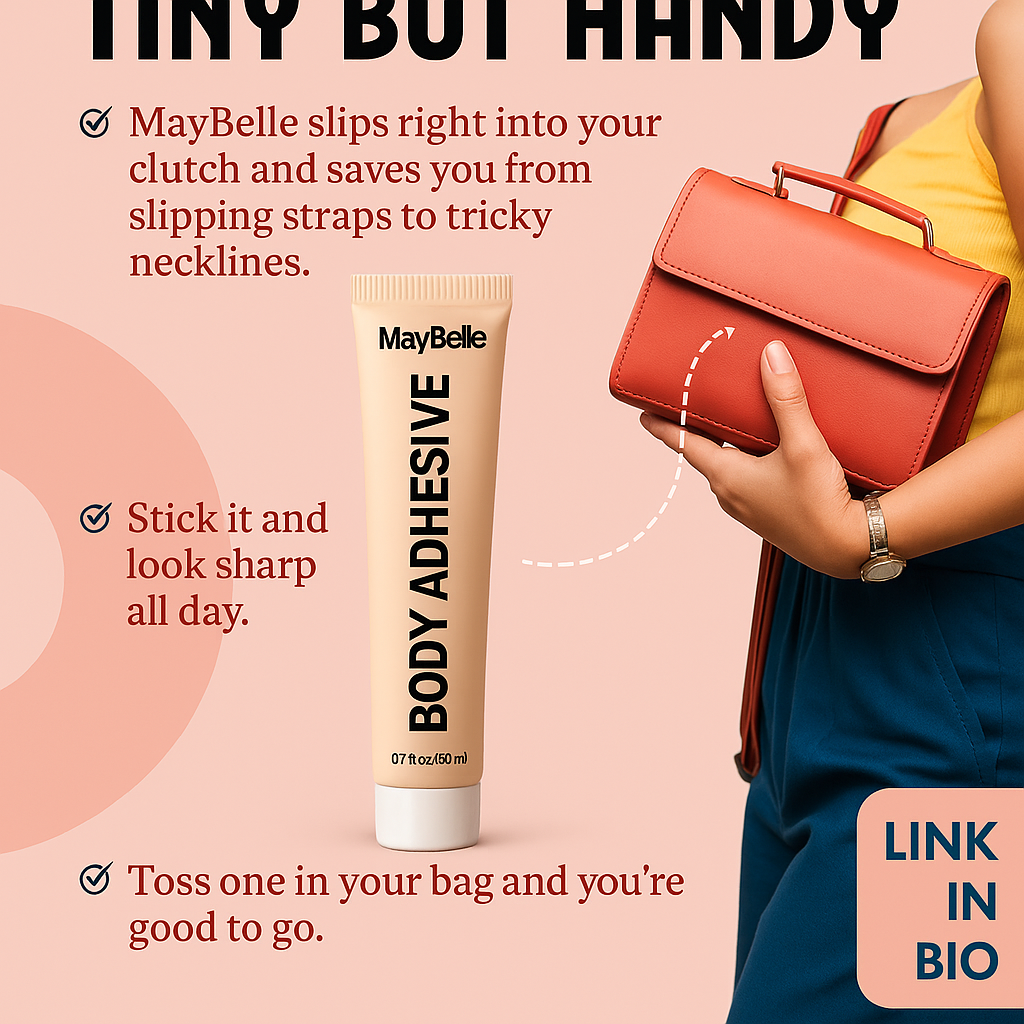 MayBelle body adhesive tube with a person holding a red clutch on a pink background