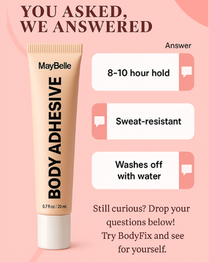 Maybelline body adhesive tube with features on a pink background