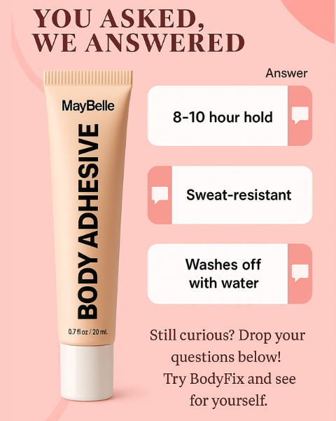 Maybelline body adhesive tube with features on a pink background